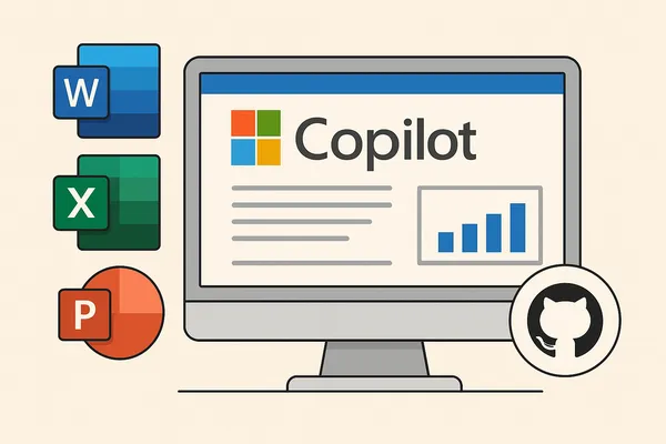 Word, Excel, PowerPoint ikonları ve kod satırlarıyla desteklenmiş Copilot ekranı