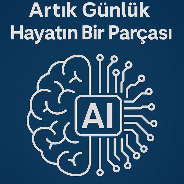 İnsan beyninin yarısı organik, yarısı dijital devrelerle birleşmiş, mavi tonlarda soyut bir görsel